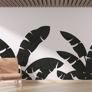 Moderni murales con foglie di banano, carta da parati con foglie tropicali, murale con foglie in bianco e nero, murales astratti, carta da parati tropicale autoadesiva