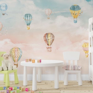 Carta da parati murale staccabile e attaccabile con nuvole e mongolfiere per cameretta dei bambini, carta da parati murale con cielo e nuvole per cameretta dei bambini, carta da parati con colori pastello rosa e blu per cameretta dei bambini