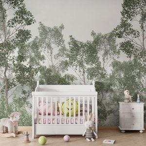Papel tapiz para habitación infantil con diseño de bosque de abedules: Mural autoadhesivo