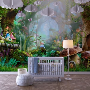 Tree Houses, Mushroom Houses, Enchanted Forest Kids Wallpaper,  Self-Adhesive Removable Nursery Decor, Child Room Forest Lanscape Mural