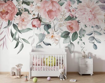 Green Eucalyptus Mural - Pink Peony Watercolor Floral  Peel and Stick Wallpaper - Botanical Wall Decor