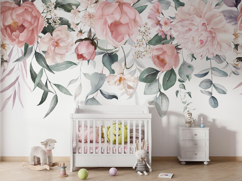 Pink Peony Watercolor Floral Wallpaper Mural - Peel and Stick - Etsy