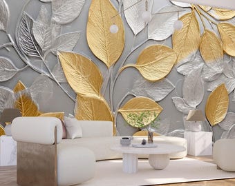 Gold Silver Color Wallpaper - Leaf Wall Mural - Vintage Botanical Peel and Stick Paper