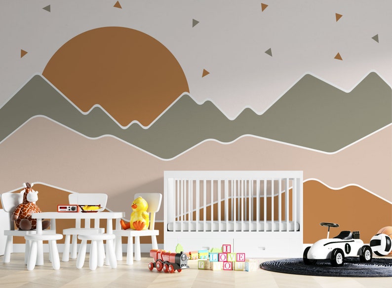 Boho Sunset Mountain Nursery Wallpaper Mural: Peel and Stick, Pastel ...