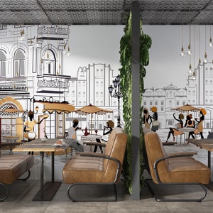 Dimensioni personalizzate Sketch Design Cafe Coffee Shop Peel And Stick Wall Mural, Poster da parete del caffè, Eccellente decorazione da parete del caffè, Carta da parati del negozio del caffè