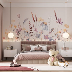 Carta da parati con fiori selvatici ad acquerello, murale floreale con campo botanico morbido, carta da parati con grandi fiori staccabili e erba, carta da parati per bambini