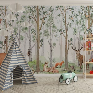 Forest Design For Children Mural Room, Woodland Birch, Wallpaper Nursery, Forest Animals Kids Wallpaper