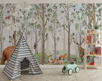 Design della foresta per bambini Camera murale, Betulla del bosco, Carta da parati per bambini, Carta da parati per bambini con animali della foresta