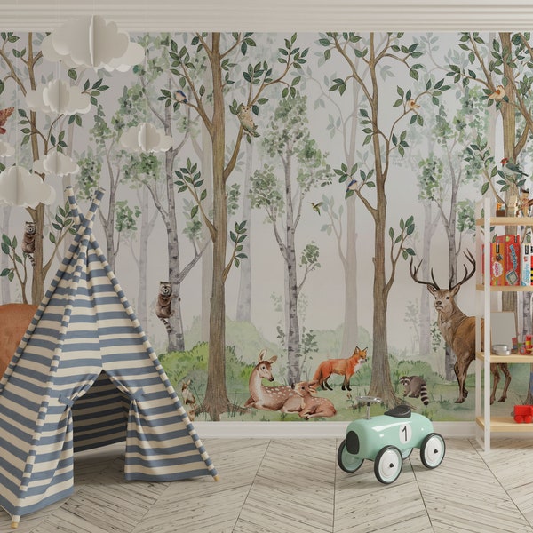 Walddesign für Kinderzimmer, Waldbirke, Tapete für Kinderzimmer, Waldtiere für Kinder