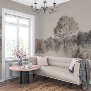 Watercolor Beige Colors Forest Peel and Stick Wall Mural, Foggy Forest Trees Landscape Wall Mural, Woodland Landscape Self Adhesive Murals