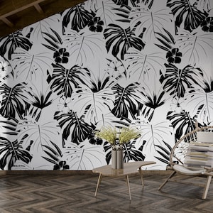 Black White Big Leaf Removable Mural, Tropical Big Leaves Wallpaper, Plants Wallpaper, Leaf Pattern Self Adhesive Wallpaper