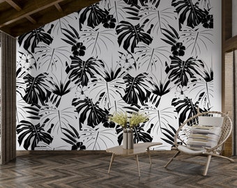 Black White Big Leaf Removable Mural, Tropical Big Leaves Wallpaper, Plants Wallpaper, Leaf Pattern Self Adhesive Wallpaper