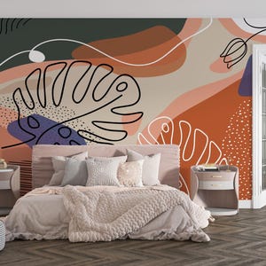 Abstract Tropical Leaves Wallpaper Mural: Customizable Boho Wall Decor