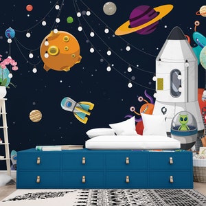 Carta da parati murale con pianeta astronauta, carta da parati adesiva per bambini, carta da parati murale con vista sullo spazio, carta da parati murale per cameretta astronauta, decorazione murale per la stanza dei giochi dei bambini