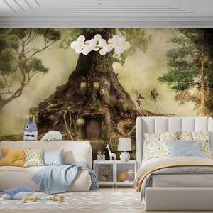 Papiers peints Forêt magique, Papier peint pour enfants Forêt enchantée, Papier peint adhésif pour chambre d'enfant, arbres féeriques et maisons, Papiers peints paysage forestier pour chambre d'enfant