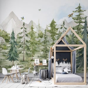 Trees Forest Landscape Forest Nursery Wall Mural, Easy Removable Self Adhesive Woodland Kids Wallpaper, Pine Trees Child Room Wallpaper