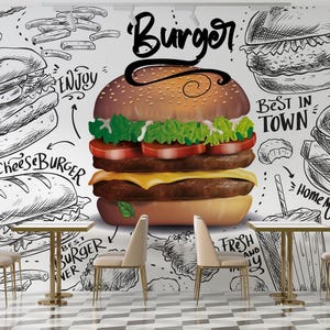Fast Food Cafe Peel and Stick Mural, Carta da parati per ristorante, Carta da parati per hamburger, Aggiungi logo personalizzato, Carta da parati per ristorante Fast Food