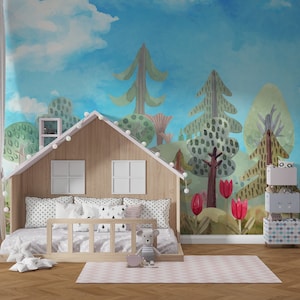 Watercolor Pine Tree Forest Wallpaper Mural - Peel and Stick Nursery Decor