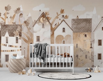 Wunderliches Dorf Aquarell Kinderzimmer Tapete, Erdtöne Kinderzimmer Wandbild