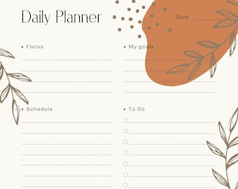Op de afbeelding: Een printbare dagelijkse planner met een minimalistisch ontwerp in bruin en wit. De planner bevat secties voor focus, doelen, schema, takenlijst en notities.
