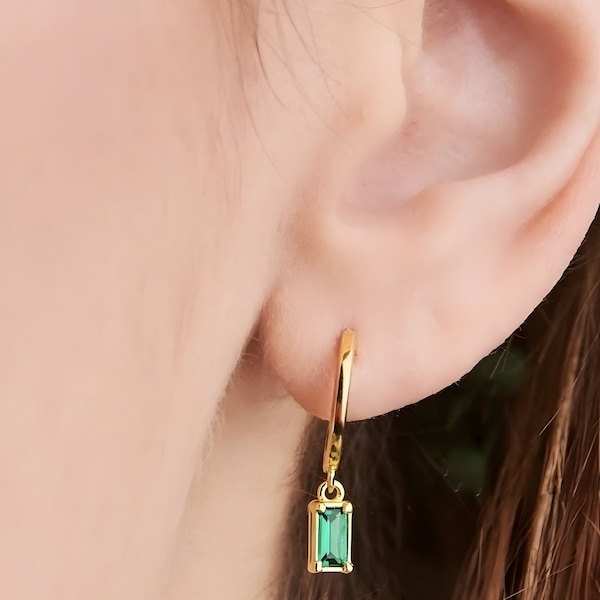 Elegant 18K Gold Plated Emerald Baguette dainty Huggie hoop dangle Earring, Perfect for brides, bridesmaid, bridal, anniversary, birthdays