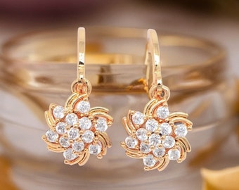 18K Gold Elegant Hoop Mini Huggie Flower with sparkling round paved diamond gemstone Drop and Dangle Earrings handmade jewelry