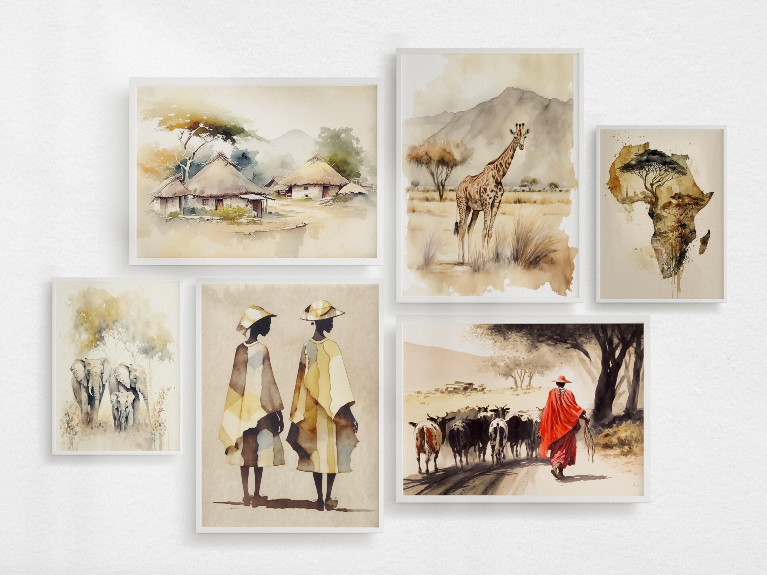 African Wall Art Gallery Set Watercolor Beige Paintings Etsy
