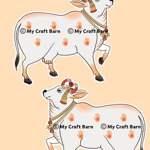May include: Two illustrations of white cows with orange and black details. Each cow has a decorative headpiece, a gold necklace, and orange hand symbols. The text "My Craft Barn" is printed on the cow's body.