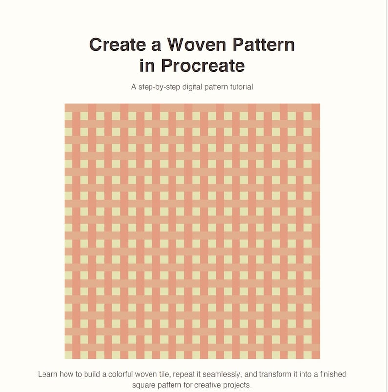 Pu&ograve; includere: Un tutorial digitale intitolato Create a Woven Pattern in Procreate, A step-by-step digital pattern tutorial. L'immagine mostra una grafica quadrata con un motivo intrecciato ripetitivo nei toni pesca e giallo pallido, con testo sotto.