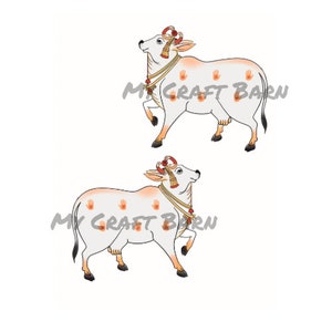 May include: Two illustrations of a white cow with orange accents, adorned with decorative elements and handprints. The cows have a decorative headpiece and necklace. The text "MY CRAFT BARN" is printed across the image.