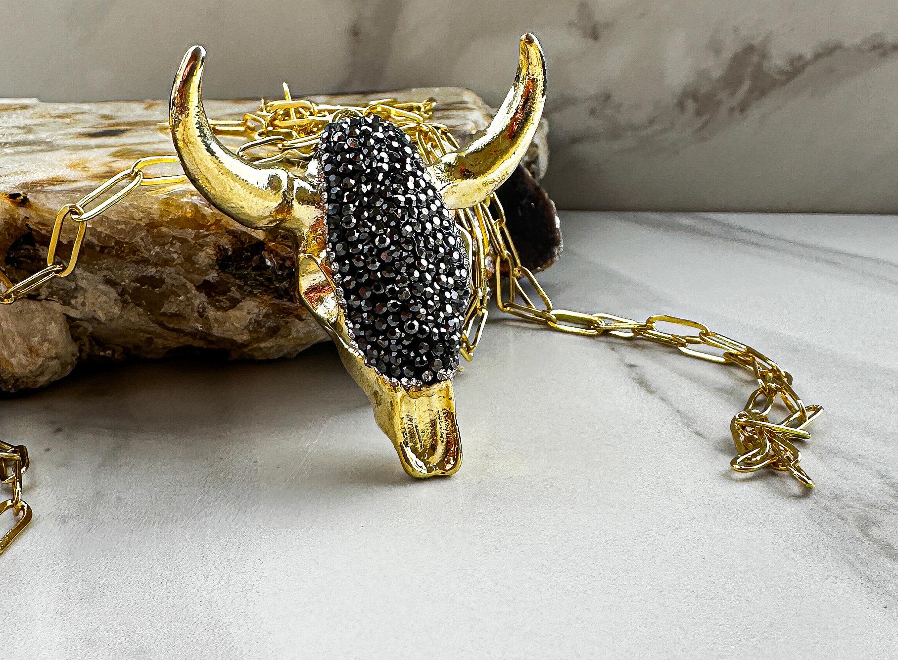 Bohemian Gold Cow Skull Pendant Necklace with Black Gemstones