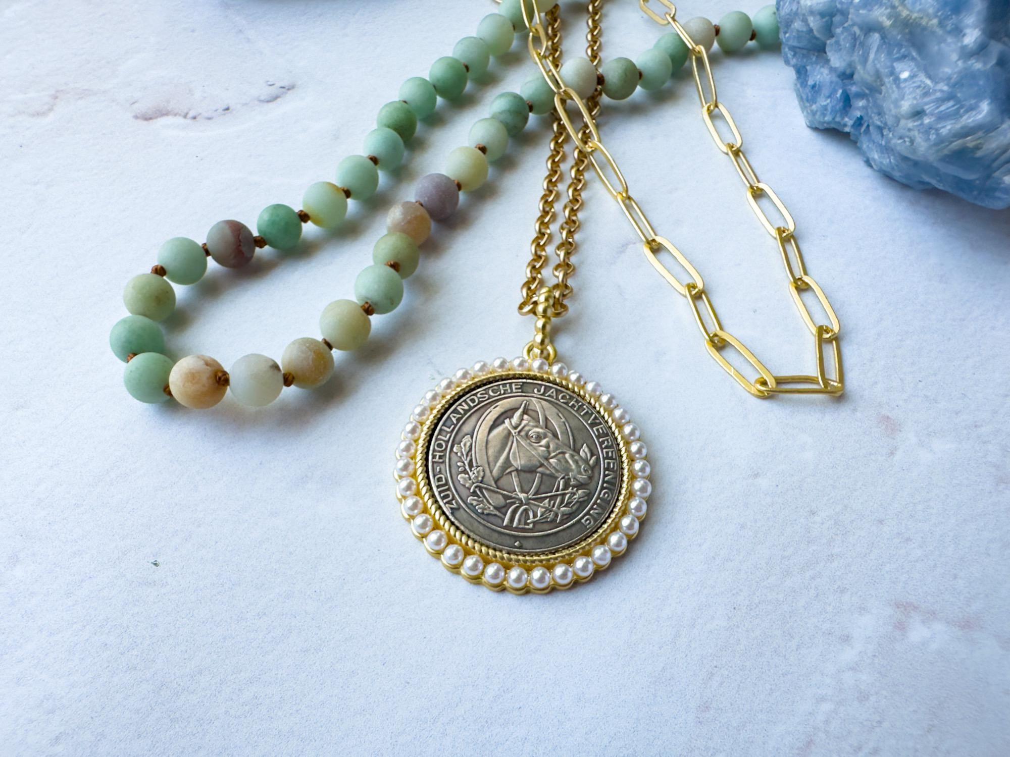 Equestrian Charm: Silver Horse Coin Pendant with Gold Bezel and Pearls - Chain Selection Available - Thumbnail 3