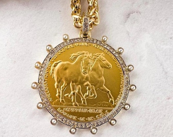 Luxe Gold Horse Coin Statement Necklace - Oversized Equestrian Jewelry