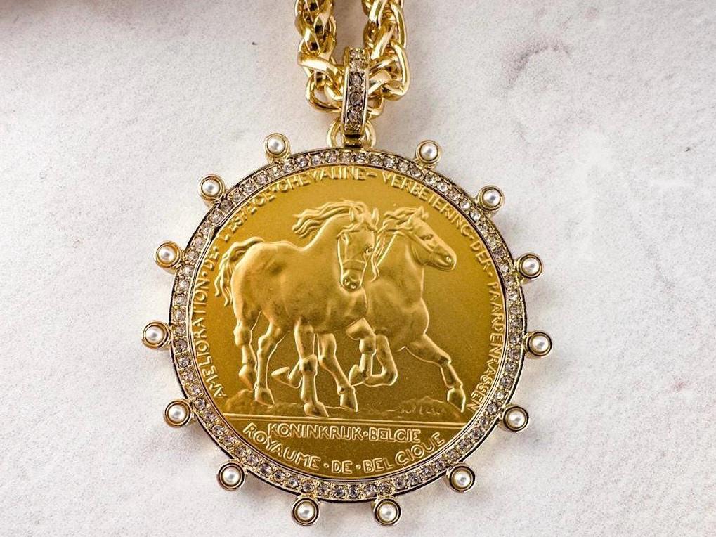 Luxe Gold Horse Coin Statement Necklace - Oversized Equestrian Jewelry