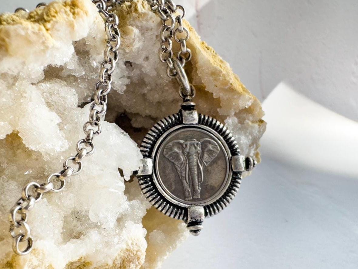 Vintage Inspired Elephant Coin Necklace in Weathered Silver - Gift for the Bohemian - Thumbnail 7