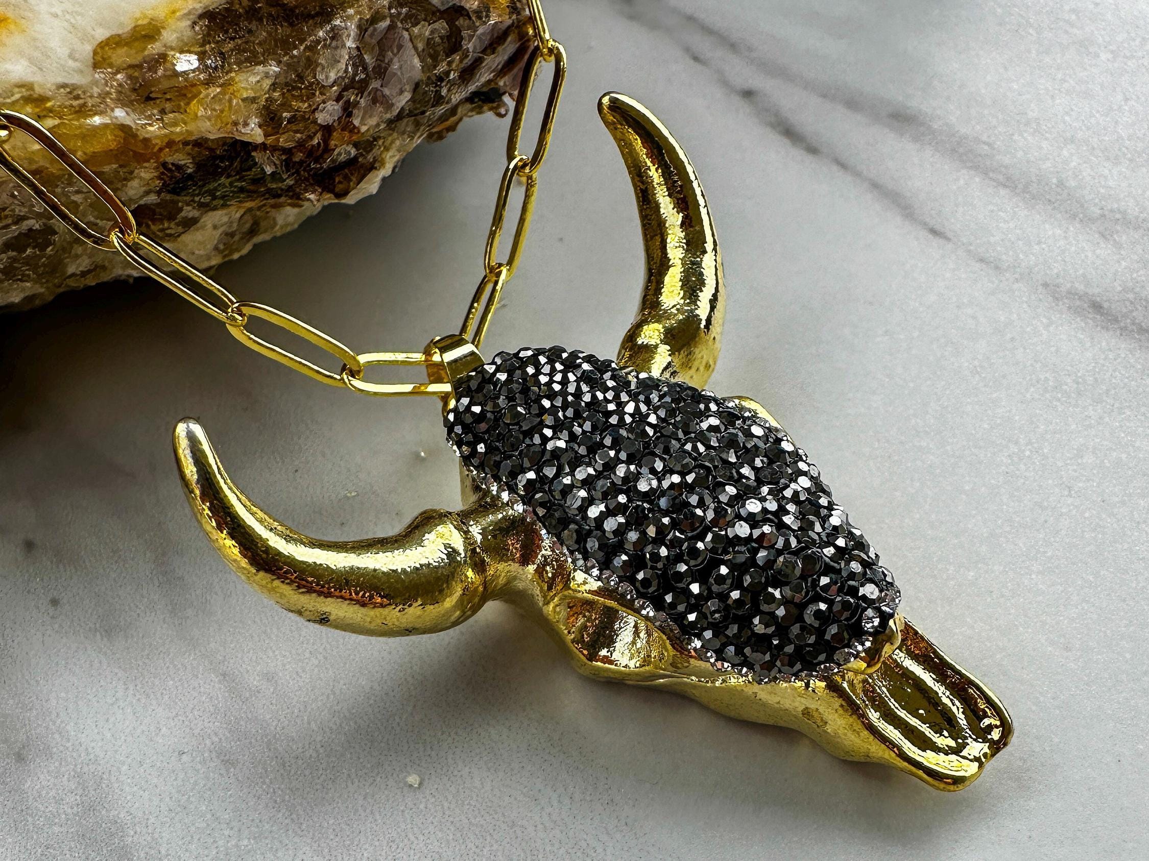 Bohemian Gold Cow Skull Pendant Necklace with Black Gemstones - Thumbnail 4