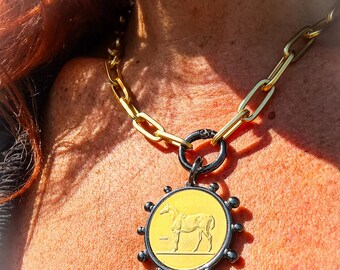 Gold Horse Coin Necklace – Equestrian Pendant, Two-Tone Chain, Western Jewelry