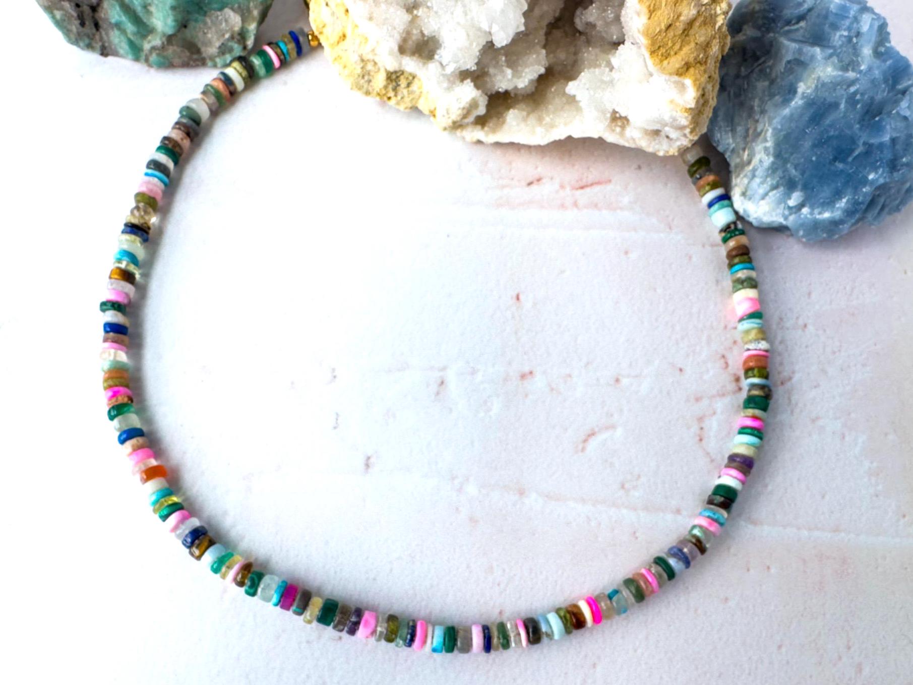 Bright Multi Gemstone Heishi Necklace - Vibrant Boho Layer Jewellery