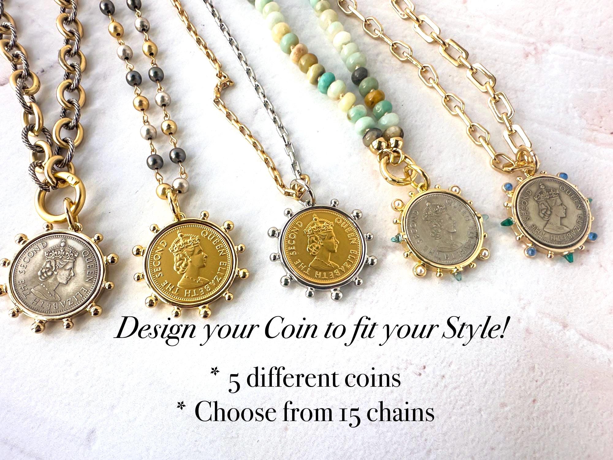 Customizable Queen Elizabeth Coin Pendant Necklace - Gift for the Socialite - Thumbnail 2