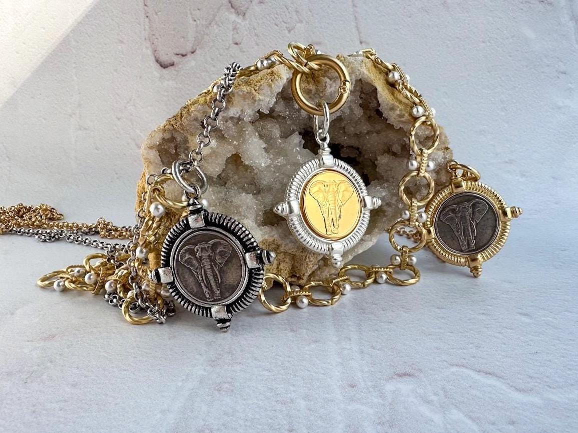 Vintage Inspired Elephant Coin Necklace in Weathered Silver - Gift for the Bohemian - Thumbnail 5