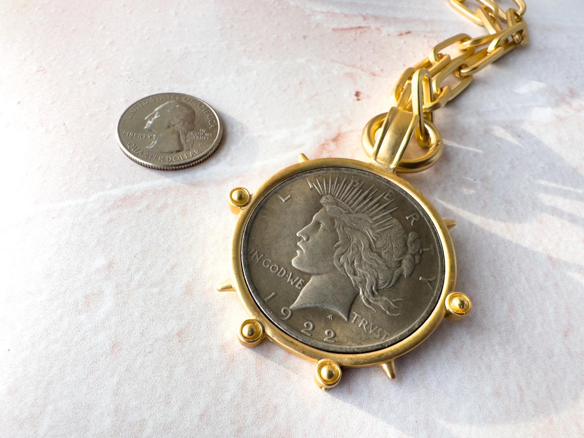 Removable Peace Dollar Coin Pendant Necklace - Lady Liberty Coin Statement Jewelry - Thumbnail 4