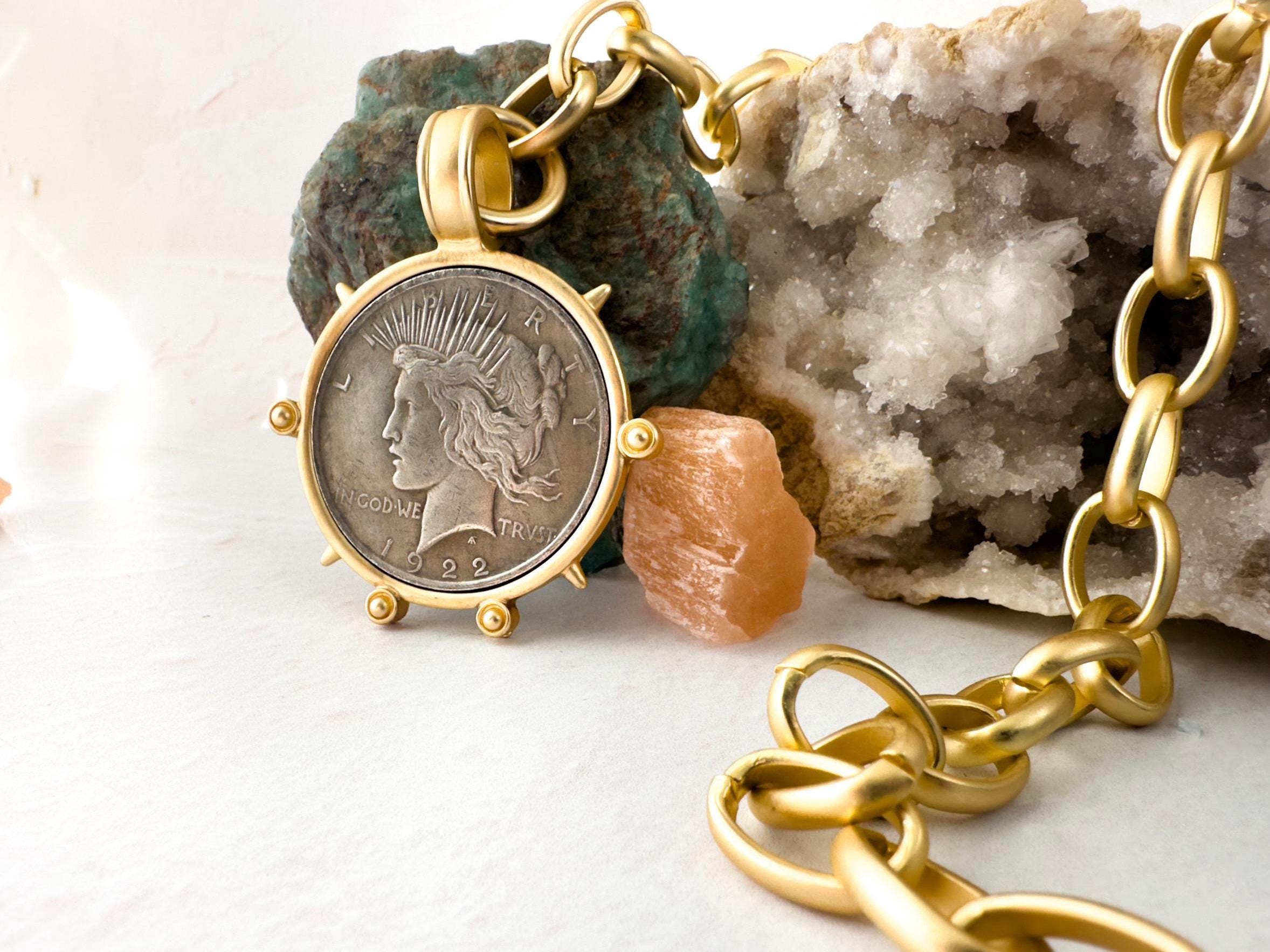 Removable Peace Dollar Coin Pendant Necklace - Lady Liberty Coin Statement Jewelry - Thumbnail 7