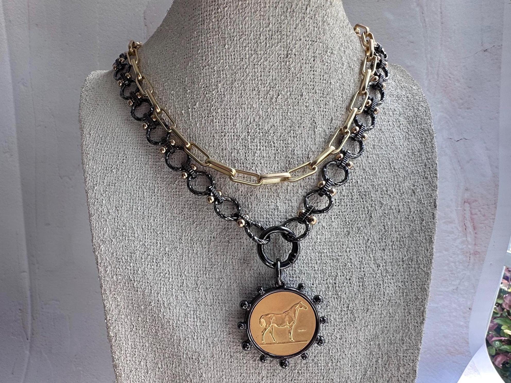 Modern Gunmetal and Gold Equine Necklace - Perfect Gift for the Horselover - Thumbnail 4