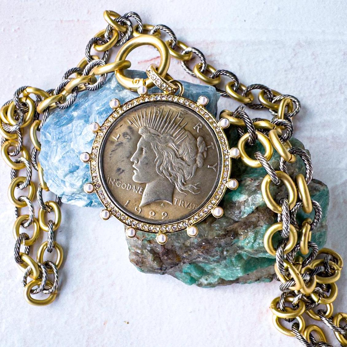 Embellished Peace Dollar Coin Necklace - Lady Liberty Pendant Jewelry