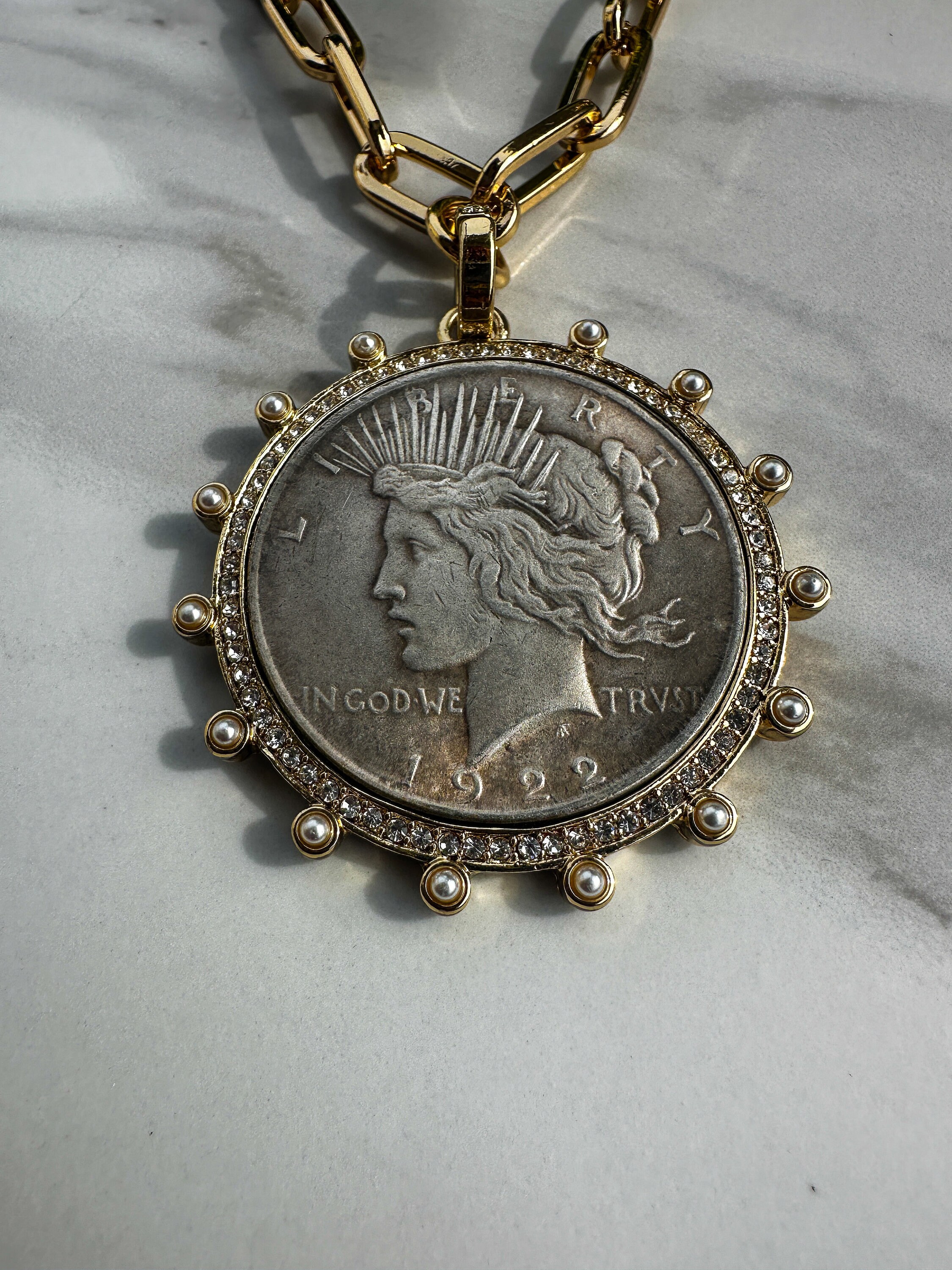 Embellished Peace Dollar Coin Necklace - Lady Liberty Pendant Jewelry - Thumbnail 5