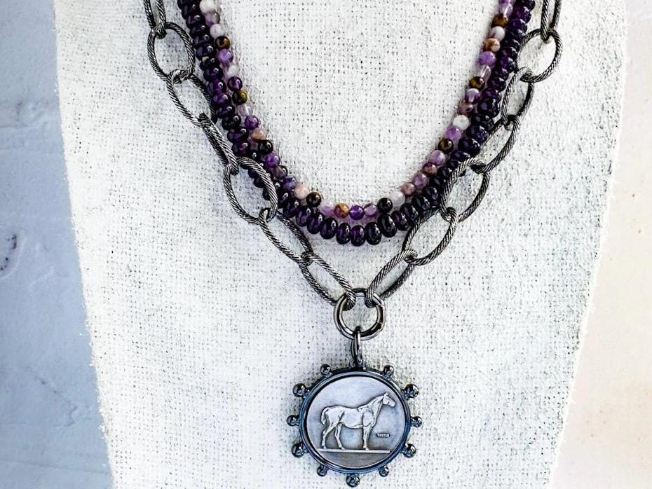 Classic Burnished Silver Horse Coin Necklace - Jewelry for Horse Lovers - Thumbnail 7