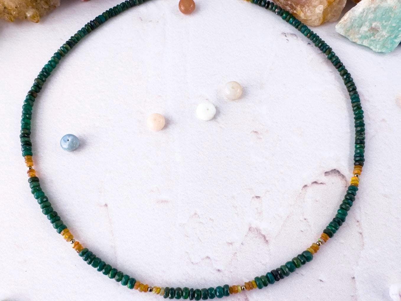 Emerald Green Hand Cut Ethiopian Opal Necklace with Gold Accents - Gift for Wife - Thumbnail 3