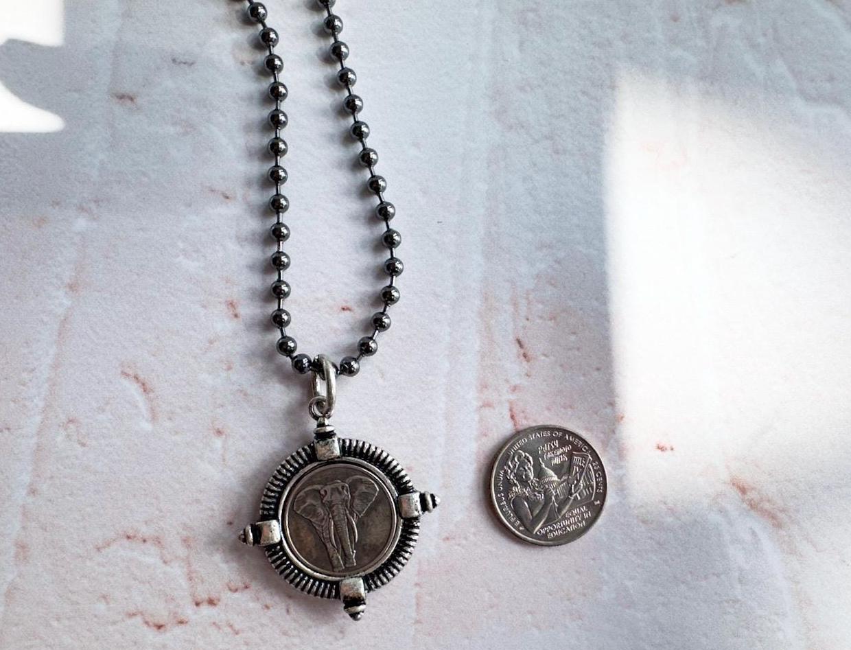 Vintage Inspired Elephant Coin Necklace in Weathered Silver - Gift for the Bohemian - Thumbnail 2