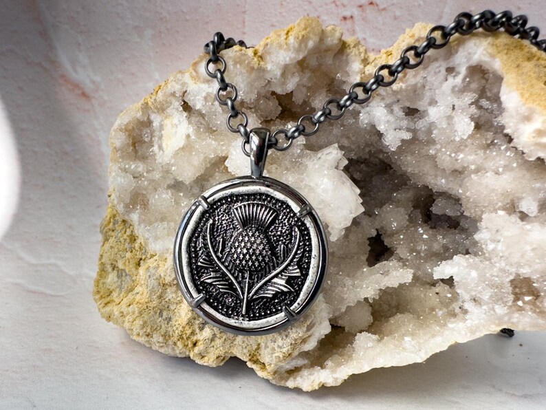 Vintage Gunmetal and Silver Coin Necklace Ancient Greek Bee, Compass