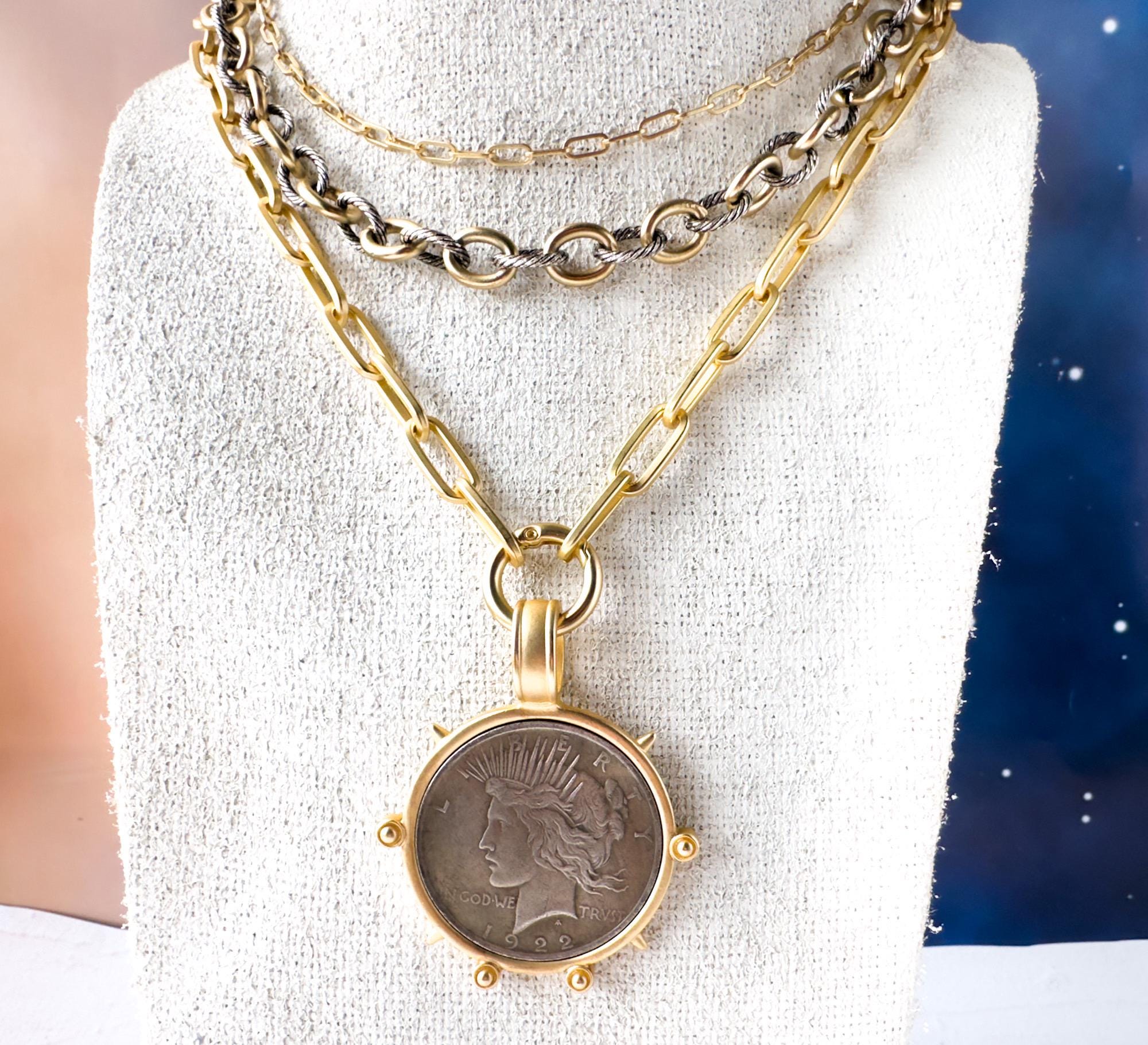 Removable Peace Dollar Coin Pendant Necklace - Lady Liberty Coin Statement Jewelry - Thumbnail 6